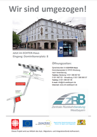 Aushang der ZRB Westbayern: „Wir sind umgezogen“ — jetzt im ECHTER-Haus, Eingang Dominikanerplatz 8, mit Lageplan und Öffnungszeiten.
